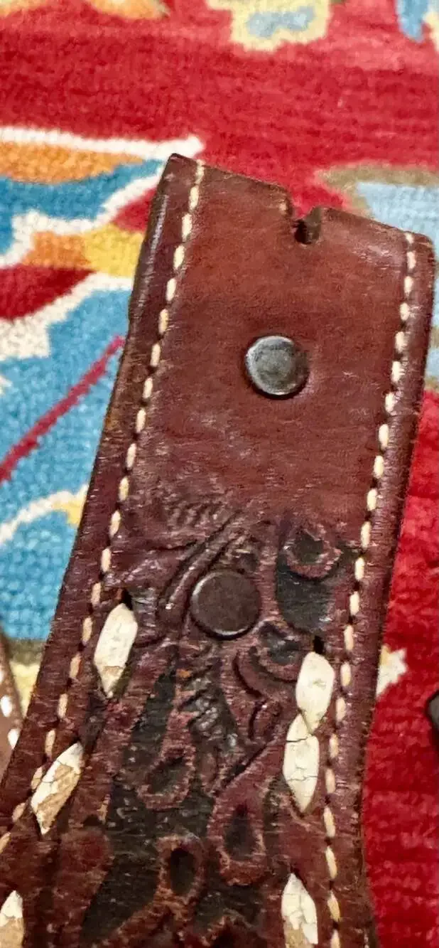 Nocona Belt  #876 Tooled Western Leather Belt w/ White Stitch Sz 34;No Buckle